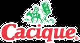 Cacique brand logo featuring red text with a green cowboy character on a horse above it