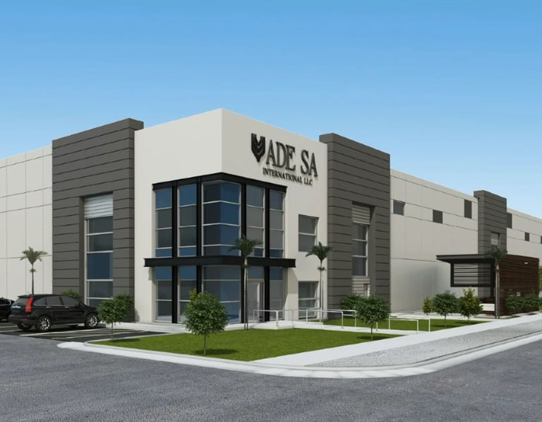 Modern WADE SA commercial building with gray and white facade, large windows, and landscaped entrance on clear day